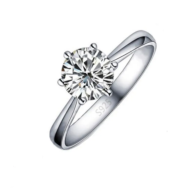 Trauringe Elegant Klassisch Echt 925 Sterling Silber Fingerschmuck Kristall Kubikzirkone 6 Krallen Damen Anillos 230505