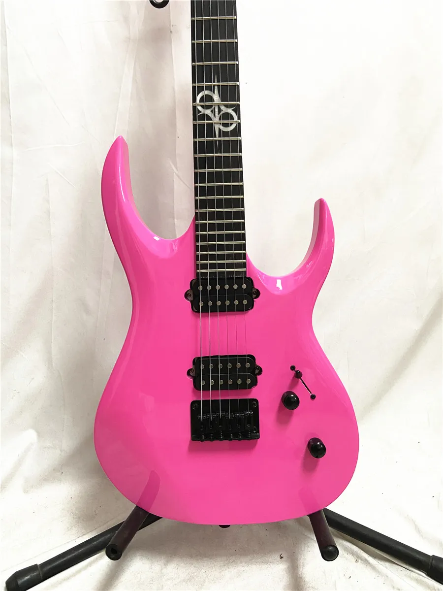 Siyah Aksesuarlar Sabit Köprü ile Özel Baskı Pembe 6 String Elektro Gitar