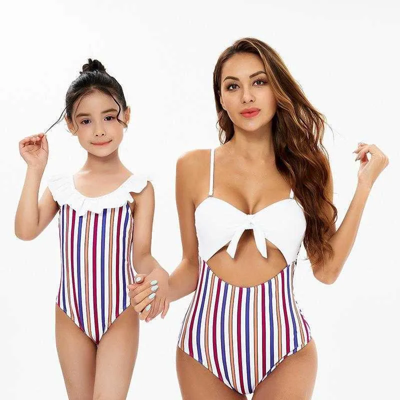 Bikini da bagno per bambini genitore One pezzi per bambini a strisce madre e figlia costumi da bagno all'ingrosso