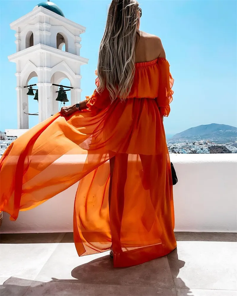 open lace back dress Orange Boho Floral Bishop Sleeve V Neck Tiered Maxi Dress – Sincerely Sadie main image 0