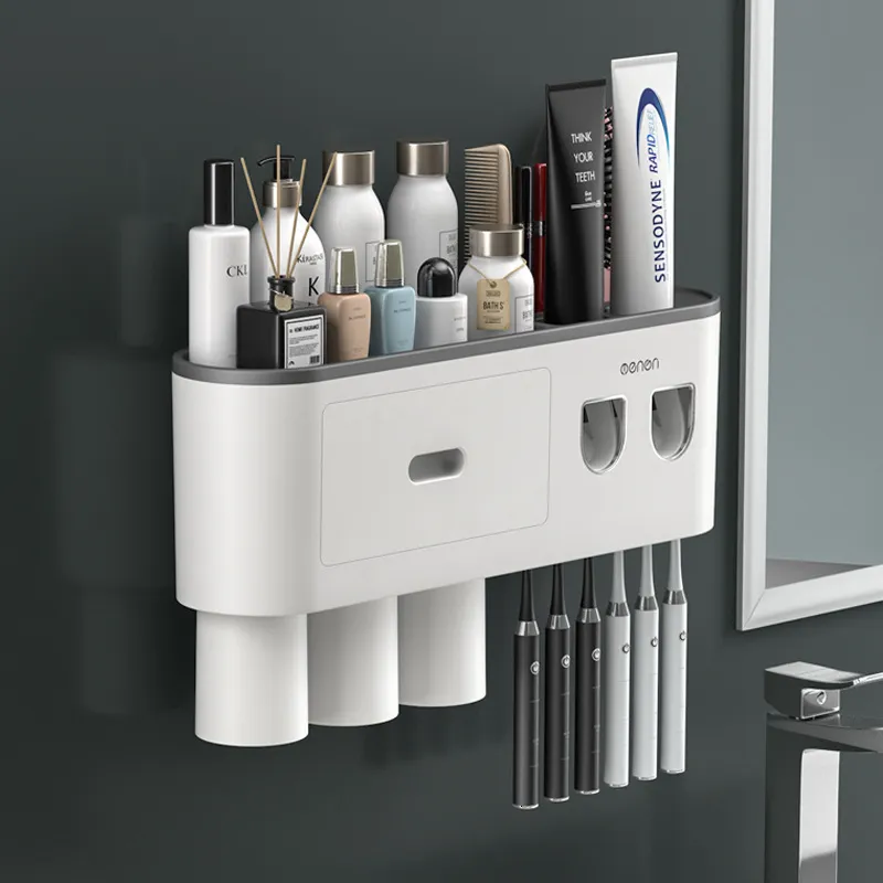 Tandborstehållare Tandborstehållare Väggmonterad automatisk tandkräm Dispenser Squeezer Kit Magnetic Tandborstehållare för badrum och fåfänga 230504