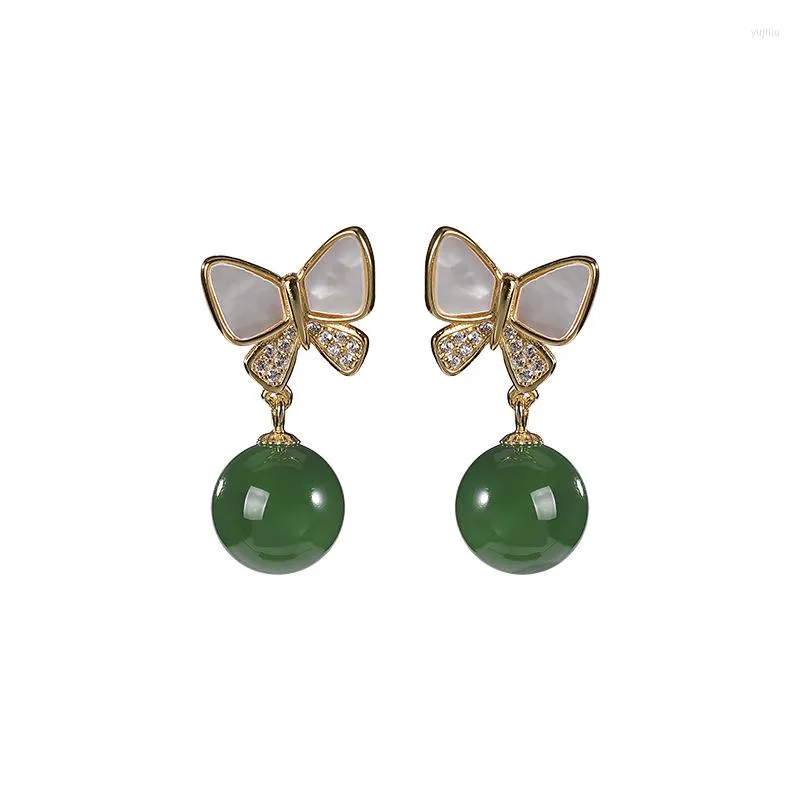 Boucles d'oreilles en argent sterling S925 plaqué or naturel Hetian Jade rétro frais papillon boucle d'oreille pendentif pour dames
