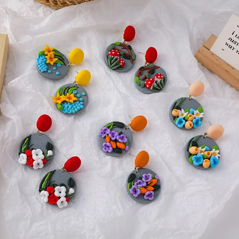 Stud Earrings Delicate Trendy 3D Flowers Unusual Art Ethnic Jewelry Handmade Polymer Soft Clay For Women Pendants