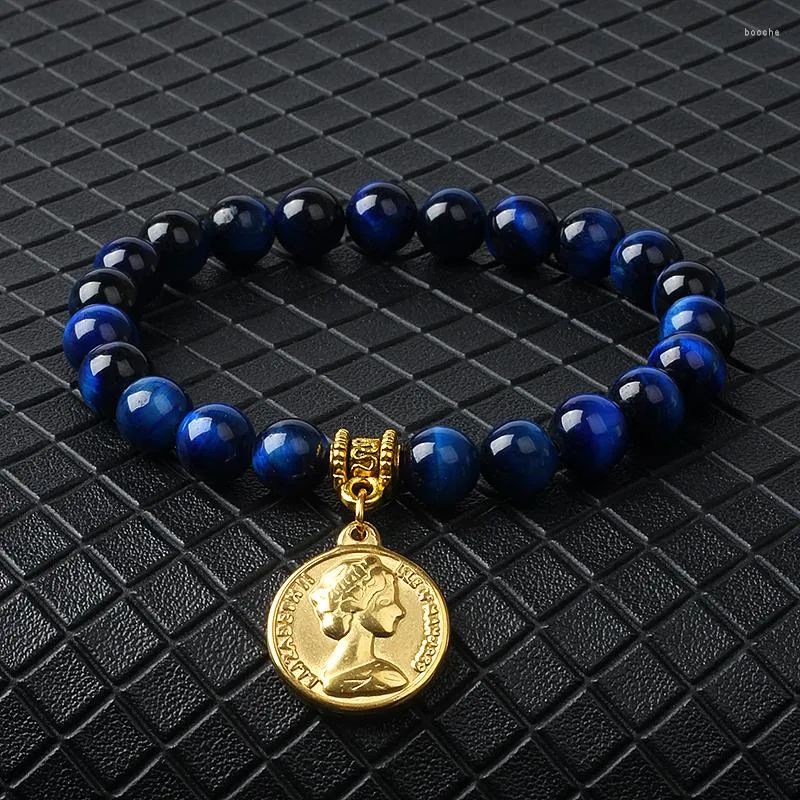 Strand Queen Elizabeth II Coin Bracelet voor vrouwen Royal Tiger Eye Stone Bead Goud kleur Roestvrij staal Charm Jewelry Pulsera