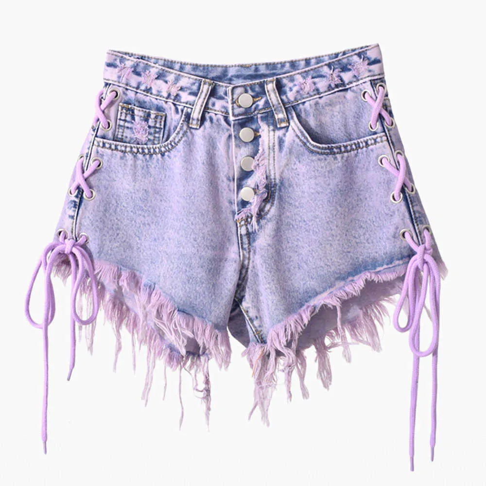 Femmes taille haute lavé bavures Mini femmes deux côtés cravate violet court rue Sexy mode gland Denim Shorts jean Z0505