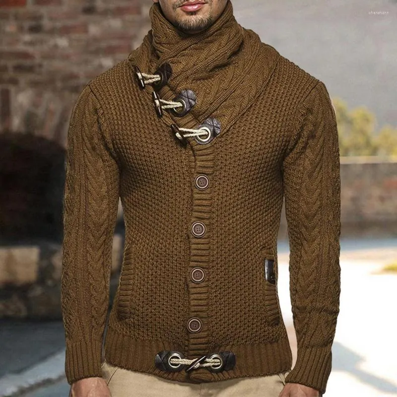 Men's Sweaters Autumn Winter Stylish Slim Fit High Collar Cardigan Sweater Thick Basic Horn Buttons For Daily Wear