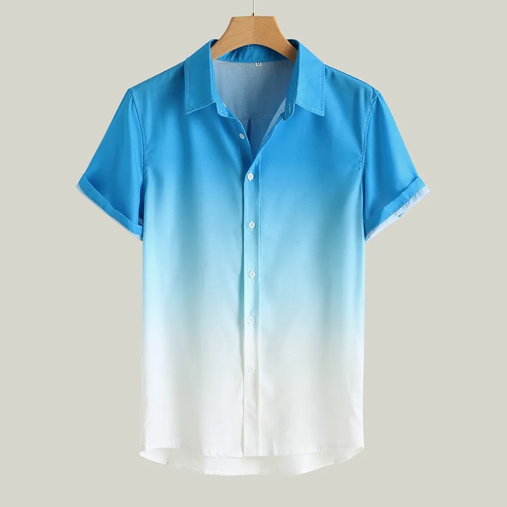 Camisas casuales para hombres Camisa hawaiana para hombres teñida con gradiente, cuello transpirable, fino y fresco, camisa casual de manga corta, material elástico en cuatro direcciones 230505