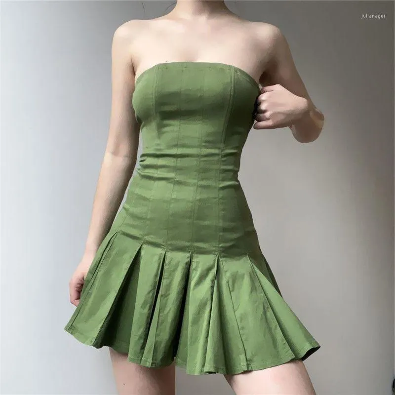 Casual Dresses HOUZHOU Green Y2k Bodycon Wrap Dress Women Sexy Pleated Backless Night Club Party Vintage Corset Aesthetic