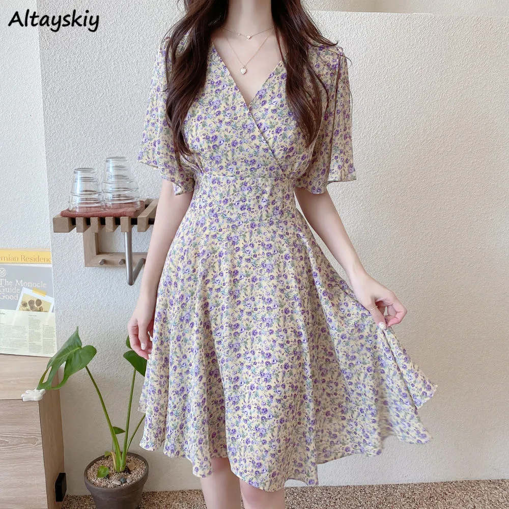 Casual Dresses M-3XL Dresses Women Summer Chic Hot Sale Soft Lady V-neck Stylish Tunic Slim Beach Simple Print Tender Sweet Holiday Vestidos 230505