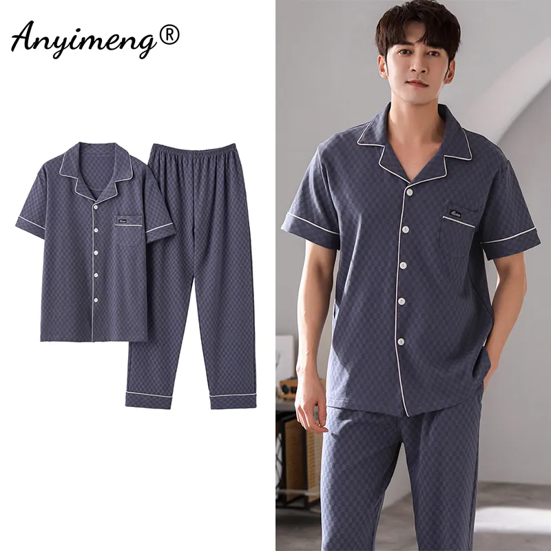 Men's Sleepwear L-4XL Luxury Men Pijamas Man V-neck Cardigan Summer Pjs Cotton Pajamas Elegant Printing Turn-down Collar Sleepwear for Gentleman 230505