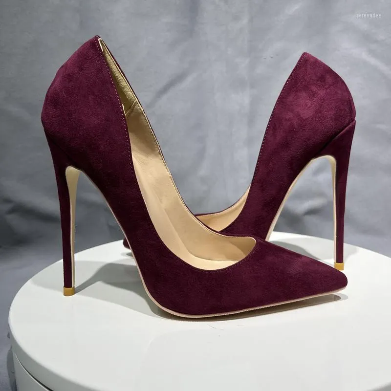 Dress Shoes Dark Red Flock Pointy Toe 12cm Thin High Heels Women Pumps 2023 Slip On Zapatos Plus Size 33-45