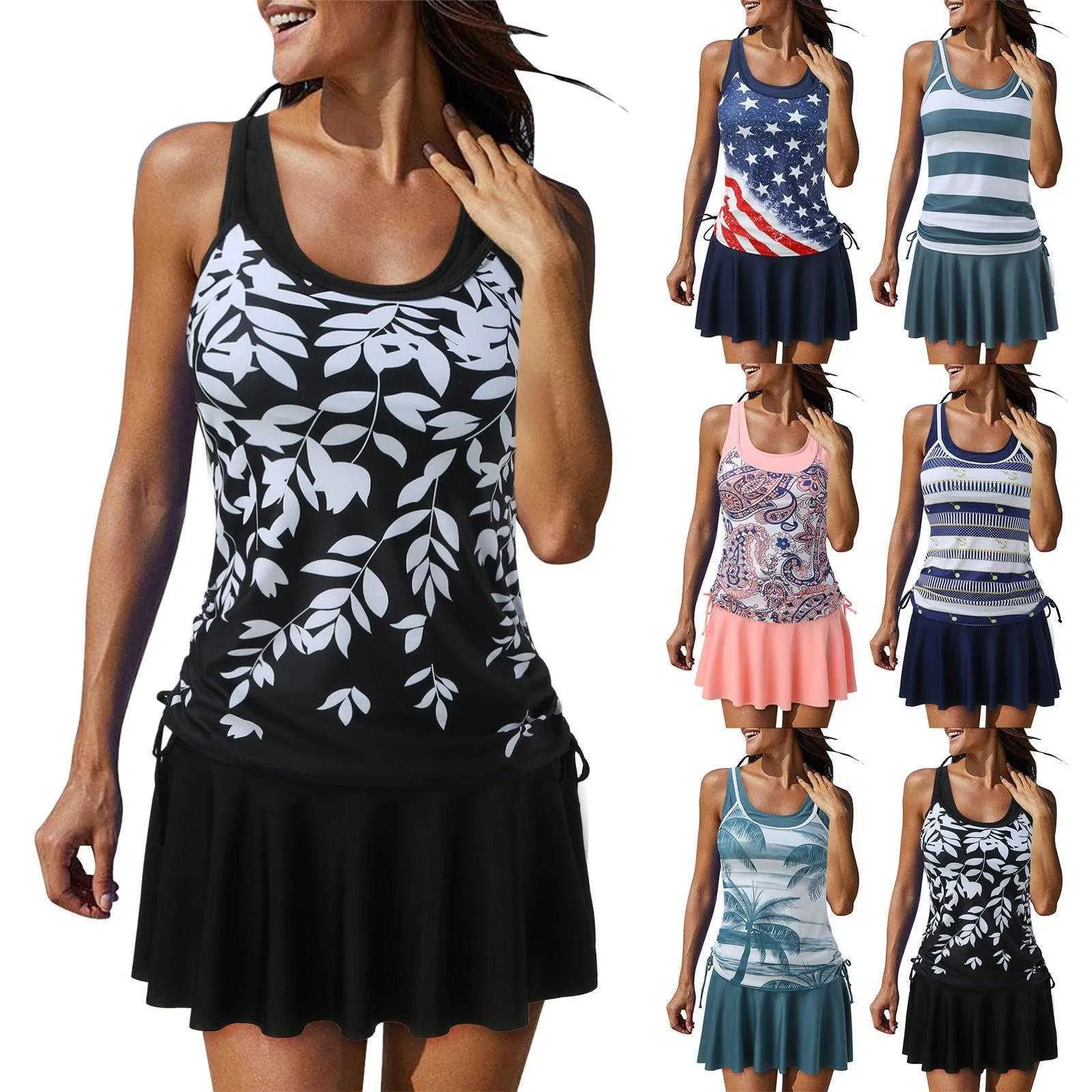 Printed Skirt Conservative Swimwear Womens Split High Waist Tangini Swimsuit Wholesale