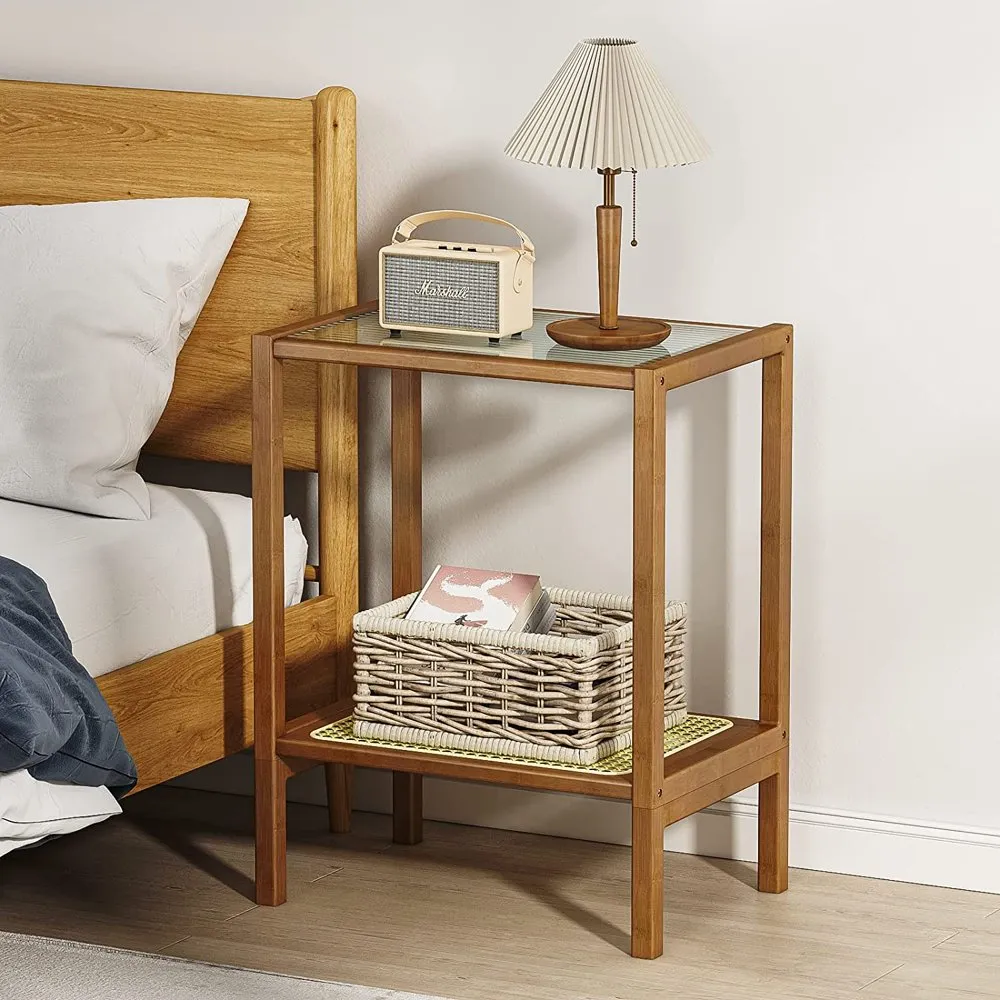 Rattan Side Table Boho Night Stand Glass Bedside Table Small End Tables Bamboo Side Tables Bedroom Coffee Table with Storage for Living Room