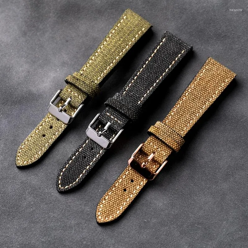 Watch Bands Handmade Canvas Fitted Leather Watchband 18 19 20 21 22MM Black Green Brown Men's Soft Vintage Bracelet