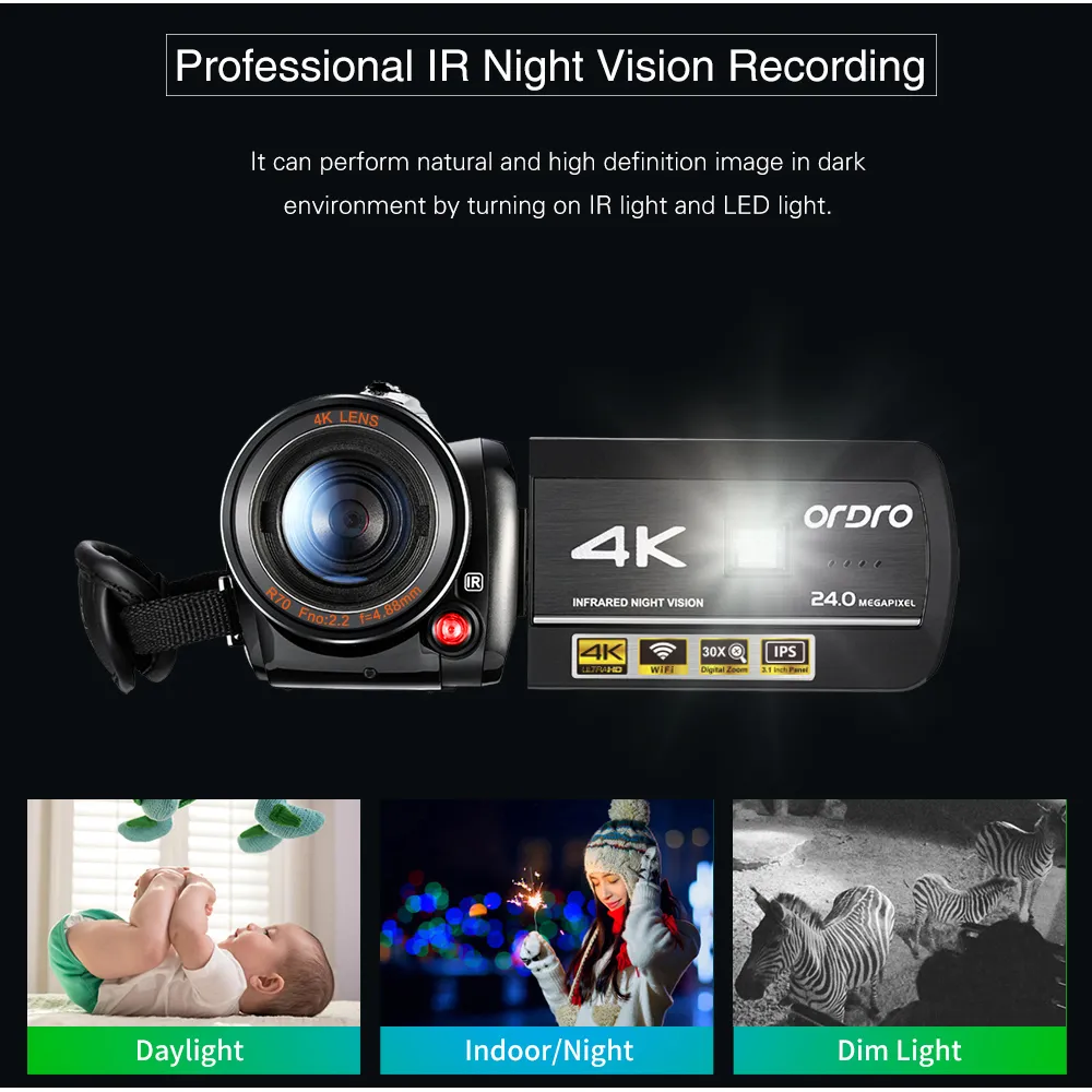 Capturez de superbes vidéos 4K avec le caméscope Ordro AC3 - Vision nocturne, WiFi, zoom numérique - Parfait pour les vloggings et les blogs YouTube