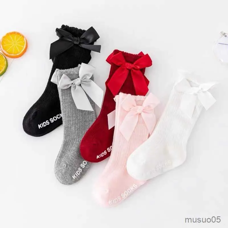 3pcs Big Bow genou haut long doux nouveaux tout-petits coton dentelle bébé enfants filles chaussettes