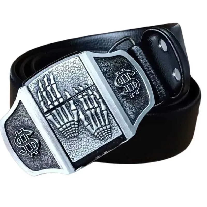 Men's PU Leather Belt with Golden Skull Lighter Buckle Metal Lighters  Kerosene Lighter Belt for 2024 Gift J0121