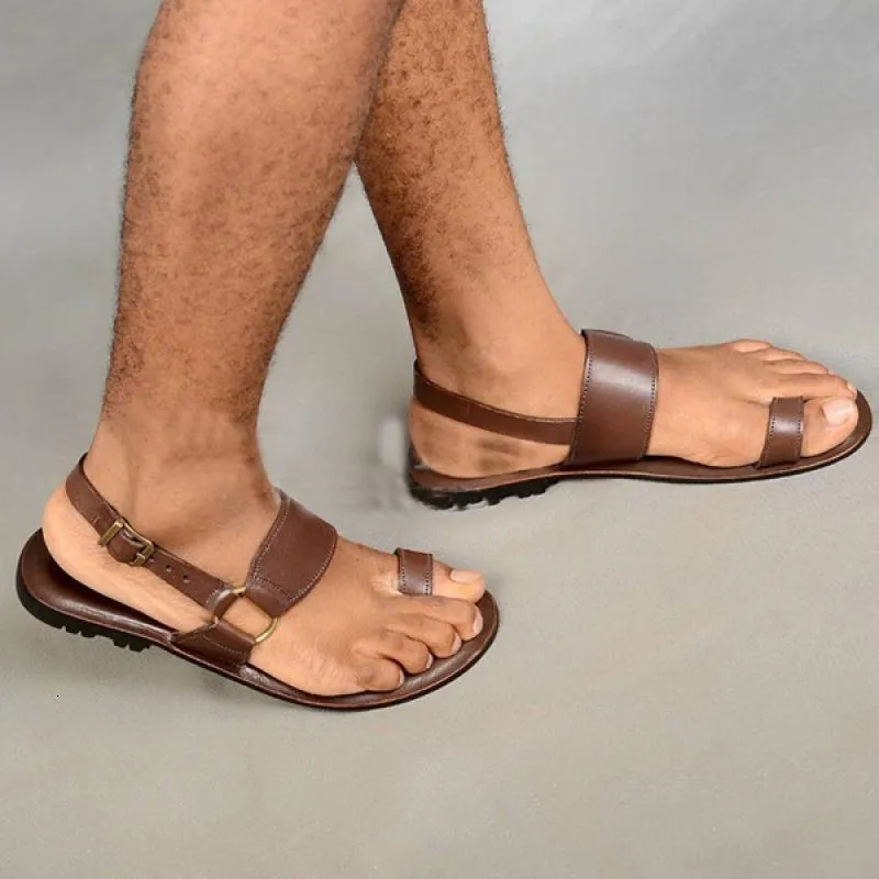 Vintage Toe Ring PU Leather Black Flat Sandals For Men Comfortable