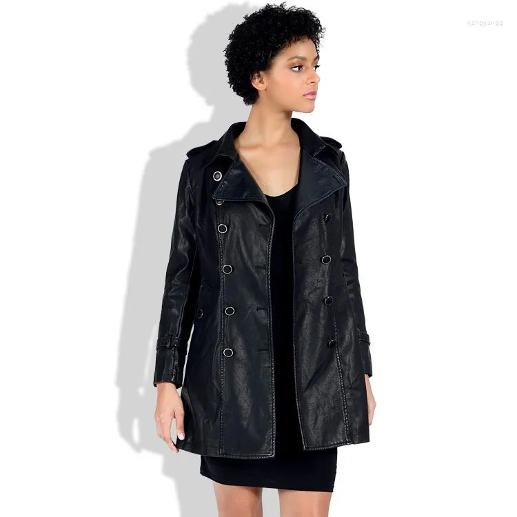 Damen Leder Damen mittellange zweireihige Taille schmaler Trenchcoat Steam Punk PU Kunstjacke