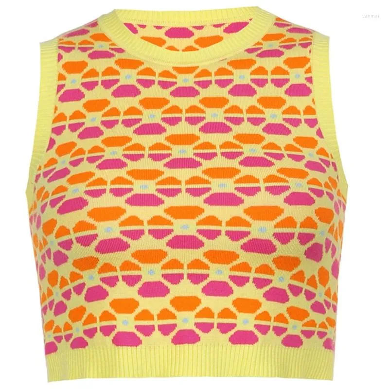 Damen Tanks Damen Sommer Ärmellos O-Neck Crop Top Kontrastfarbe Geometric Floral Strickpullover Weste Harajuku Slim Camis Shirts 10CF