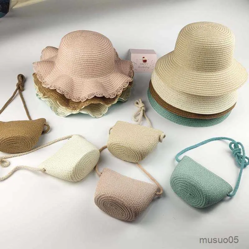 Casquettes Chapeaux Chapeau de bébé pour l'été Chapeau de paille Mini sac de paille tissage avec de l'herbe chapeau de soleil frais Protection solaire plage petit sac messager casquette enfant