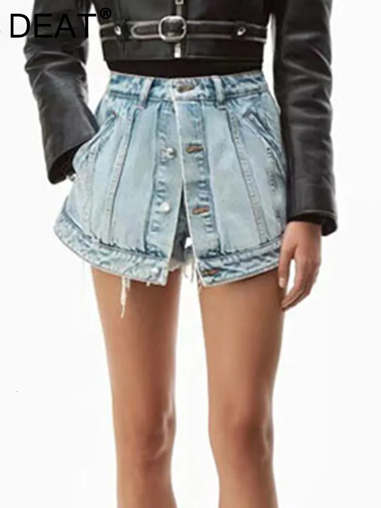 Women's Shorts DEAT Solid Women Fake Two Pieces High Waist A-line Thin Denim Shorts Street Style Mall Goth Summer Autumn 7E754 230505