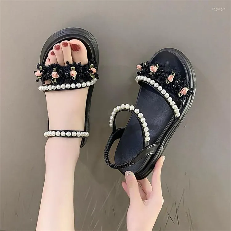 Sandals Women's Gladiator Platform Shoes Black Wedge Outdoor Running Open Toe Fashion Beaded Versatile Hollow Roman
