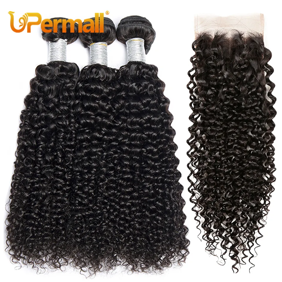 Hair pieces Upermall 3 4 Brazilian Remy Kinky Curly Human Bundles With Closure Transparent 4x4 Lace and Weave Bundle 10A Soft 230505