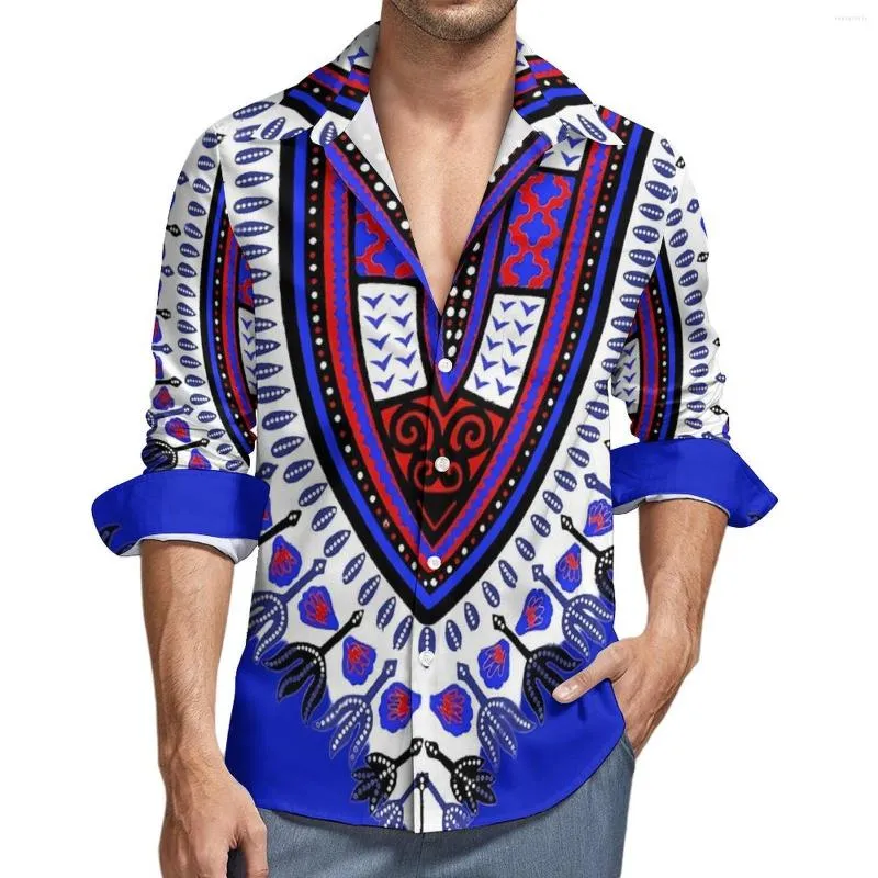 Hommes chemises décontractées bleu Dashiki hommes rétro imprimé africain chemise à manches longues lâche drôle Blouses automne graphique hauts grande taille