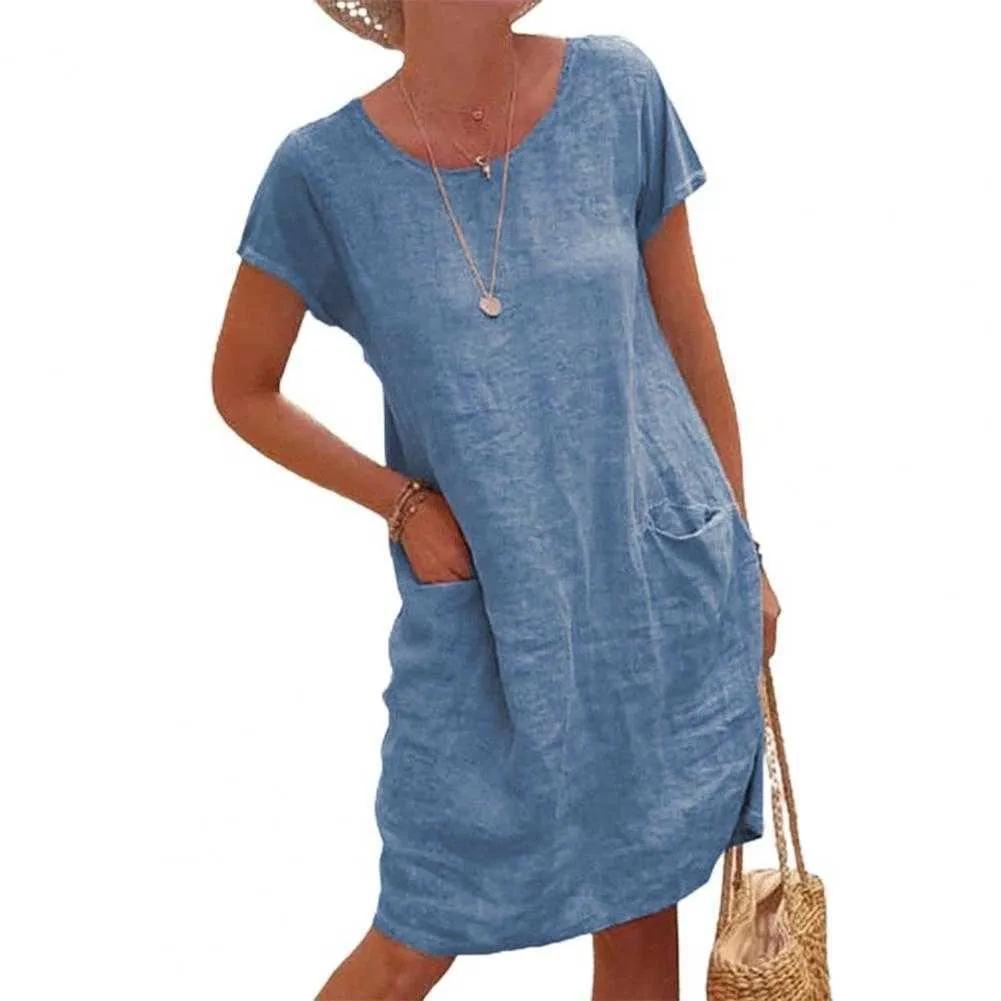 Casual Loose Women Vintage Solid Color Summer Dress Short Sleeve Round Neck knälängdsklänningar Z0506