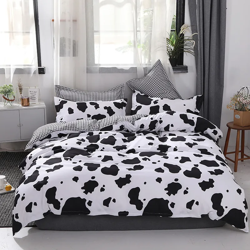 Bedding sets Cow Spot Home Textile Bedding Set Reactive Printing Ab Side Duvet Cover Plaid Bed Sheet Pillow Cover Bedding 100% Bamboo Fiber 230506