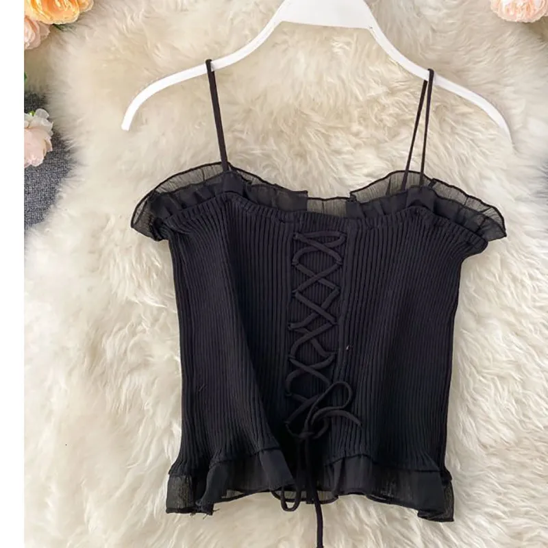 Camisoles Tanks Girls Vest Sweet Fresh Ruffle Short Sexy Cross Sling Spaghette Ins Summer Women Slim Cami Homme Ulzzang Crop Tops Veste 230506