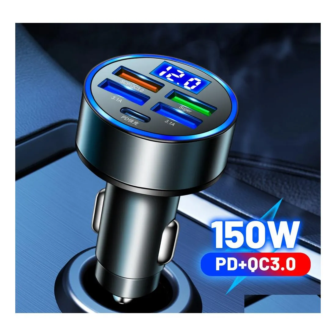 Carregador de carro 4 portas USB 150W Carregamento rápido PD Carga rápida 3.0 Tipo C Adaptador de telefone Drop Deliver