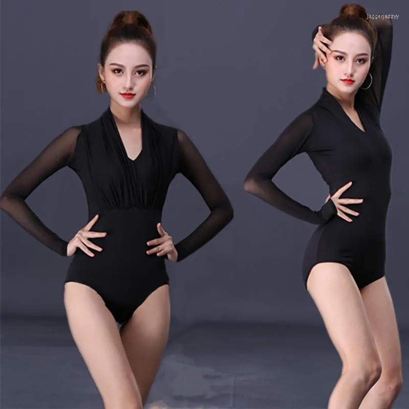 Stage Wear Sexy Black Latin Dance Top Body Costume da allenamento moderno per donna Tuta da allenamento a maniche lunghe