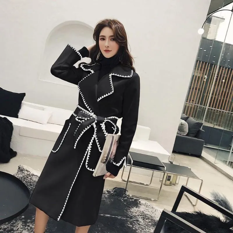 Kvinnors jackor Wave Edge Suit Collar Mid-längd Woolen Coat Korean Style Slim Tie Jacka Women Autumn Winter Fashion Clothing