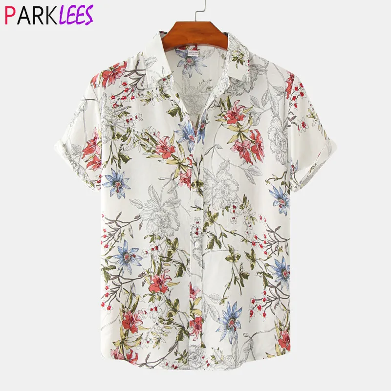 Mäns casual skjortor Mens Floral Hawaiian skjortor Kort ärm plus storlek strandkläder skjorta avslappnad knapp ner semesterfest Aloha Summer Shirt Chemise 230506