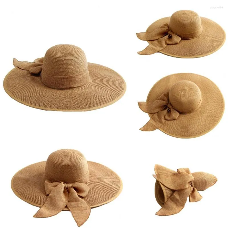 Cappelli larghi cappelli estivi Ottimo berretto da sole dolce confezione da sole a filo leggero pieghevole paglia da bowknot a nastro pieghevole per all'aperto