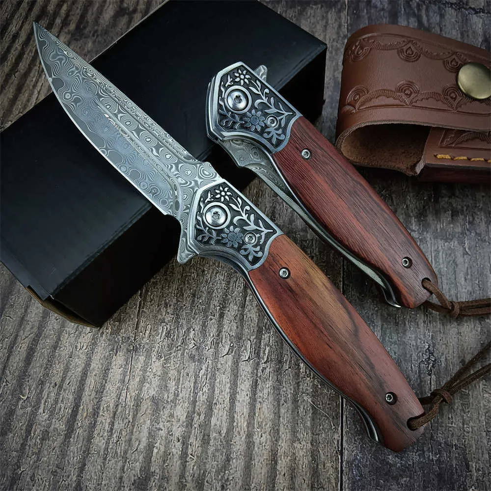 Couteaux de chasse de camping Couteau pliant de poche en acier damas manche en bois couteaux tactiques EDC de haute qualité Camping en plein air outil de chasse Collection cadeaux P230506
