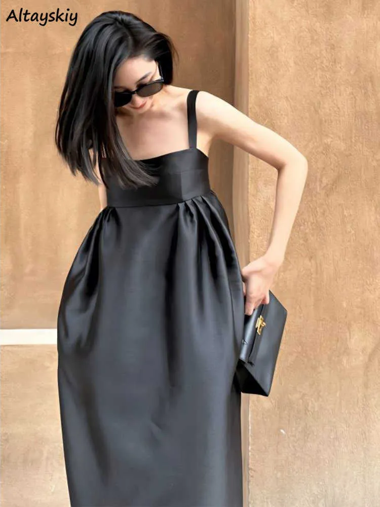 Robes décontractées Maxi robe noire pour femmes sans manches solide été dos nu Vintage tendre style français simple slim fit classique vestido feminino Z0506
