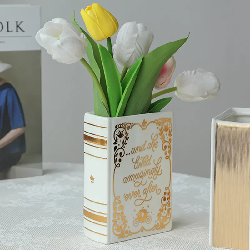 Vaser Luxury Ceramic Gold Book Nordeuropeiska moderna dekorationsbord bröllop Hydroponics Room Plant 230505