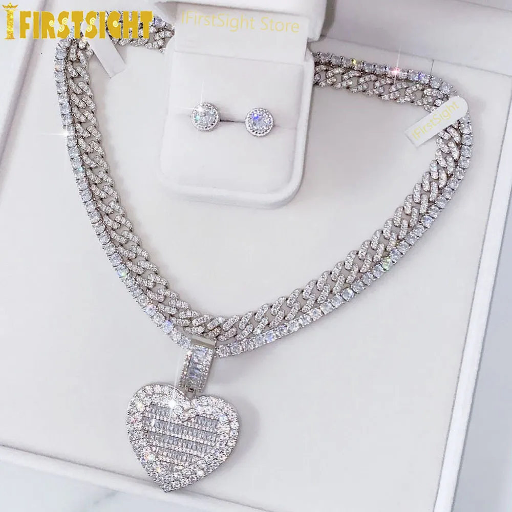 Pendant Necklaces Can Be Opened Heart Po Necklace Silver Color Iced 5MM Tennis Chain Cubic Zirconia Fashion Women Men Jewelry 230506