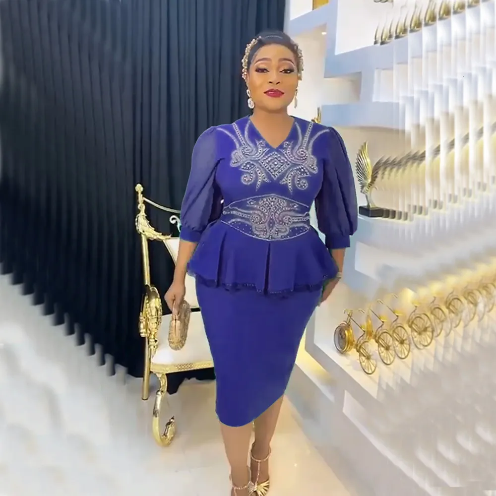 Blue Ethnic Dress Elegant African Dresses For Women Two Pieces Set