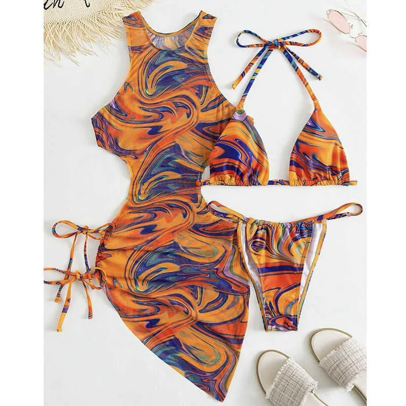 Damen-Badebekleidung 3-teilige Badeanzüge für Frauen Gepolsterter Blumendruck-String-Bikini-Badeanzug-Set Sexy Ausschnitt High Neck Mesh Beach Cover Up J230506