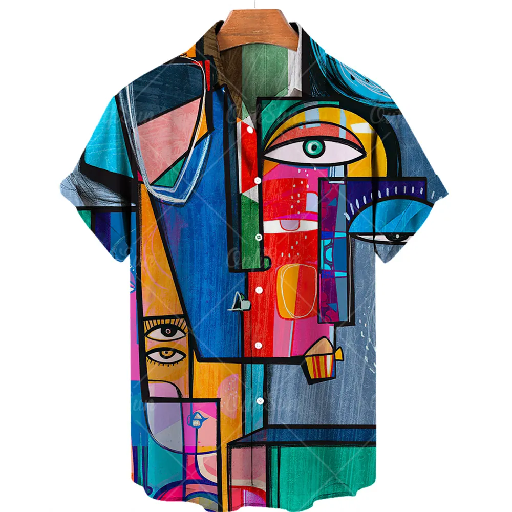 Erkekler sıradan gömlek 3d grafiti yağlı boya baskılı gömlek erkek moda sokak kıyafeti hawaii gömlek erkek plajı gündelik yaka artı boyut 230506
