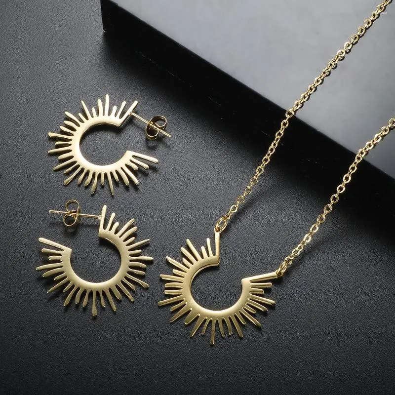 Necklace Earrings Set Sun Half Circle Spiked Pendant Geometric For Women Gold Plated Stainless Steel Jewelry Femme Charm Choker