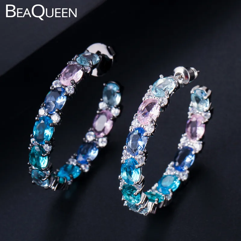 Hoop Huggie BeaQueen Big Oval Round Pink Blue Green Multicolored Cubic Zirconia Rainbow Crystal Circle Hoop Earrings Women Jewelry E302 230506