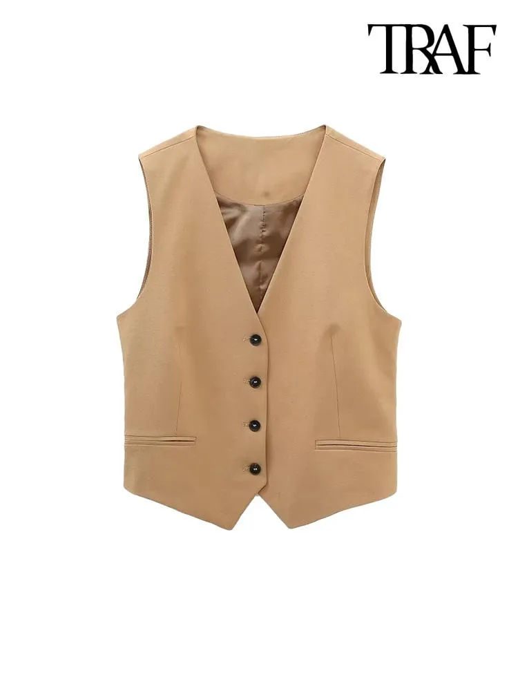 Parkas Traf Women Fashion Front Button Croped Waistcoat Vintage Sleeveless Welt Pockets Female Outerwear Chic Vest Tops