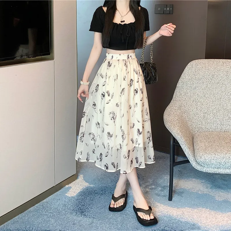 Floral Print Chiffon Skirt High Waist Printed Skirt High Waisted