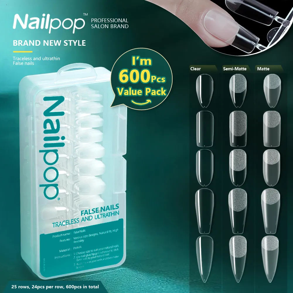 ネイルプラクティスディスプレイポップ600PCS Pro Fake S Semi Matte Almond Coffin FullhalfAcrylic Square False Tips for Tip Manicure Tool 230505