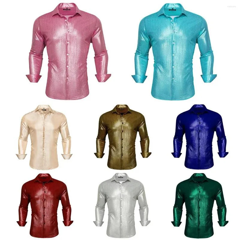 Men's Casual Shirts Designer Silk For Men Pink Blue Gold Red White Green Solid Spring Autumn Long Sleeve Mens Tops Stain Button Down